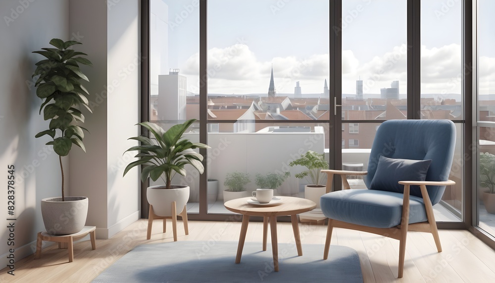 Balcony view with a cozy blue armchair, coffee table and plant, 3d rendering Balcony view with a cozy blue armchair, coffee table and plant, 3d rendering