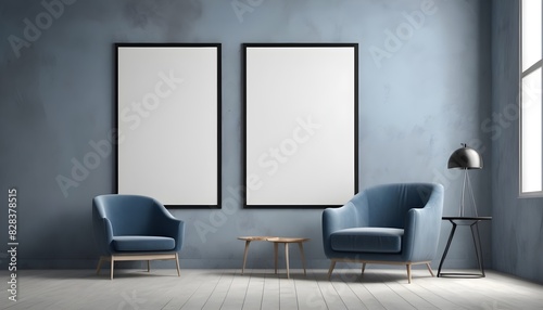 Big poster frame mockup in minimalistic interior with blue armchair and gray plaster wall, 3d render