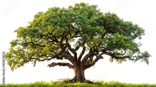 A majestic oak tree with sprawling branches and lush green leaves  standing alone with no background