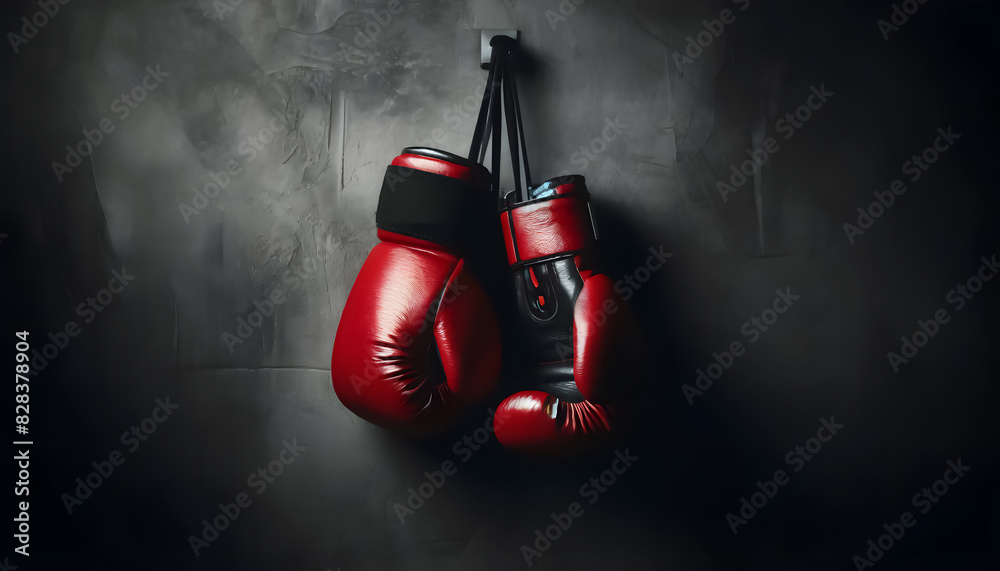 Eye-Catching 3D Image: Knockout Appeal! Caricature Boxing Gloves (Red) Hang Boldly on Textured Concrete Wall