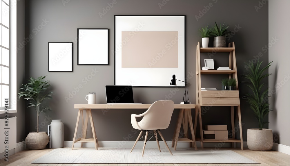 Home mockup, modern home office interior background, 3d render