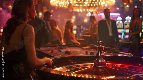 A luxurious night casino with bright lights, a roulette table, glamorous people dressed in elegant outfits.
