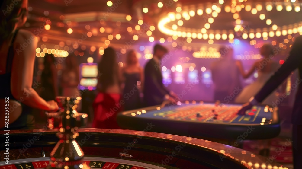 A luxurious night casino with bright lights, a roulette table, glamorous people dressed in elegant outfits. A luxurious night casino with bright lights, a roulette table, glamorous people dressed in elegant outfits.