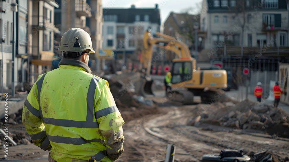 Closeup Photo of Construction Worker in Light Green Safety Jacket and Helmet Standing on Construction Site with One Hand on Waist Closeup Photo of Construction Worker in Light Green Safety Jacket and Helmet Standing on Construction Site with One Hand on Waist