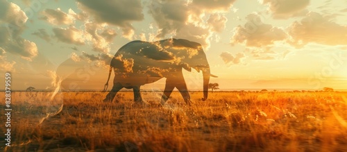 Majestic Elephant Roaming Across Golden African Savannah Horizon Double Exposure Silhouette photo