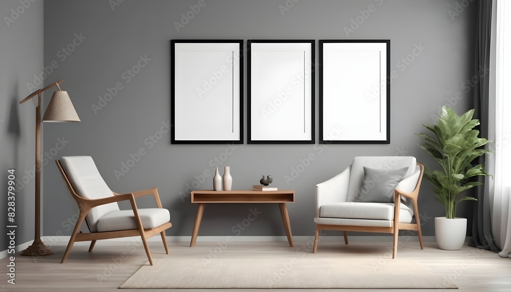 Empty picture frame mock up in modern room interior with armchair and console Empty picture frame mock up in modern room interior with armchair and console