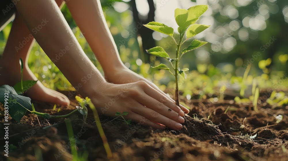 Fototapeta premium Close-up woman planting a young fir tree in the forest,putting it down on the ground