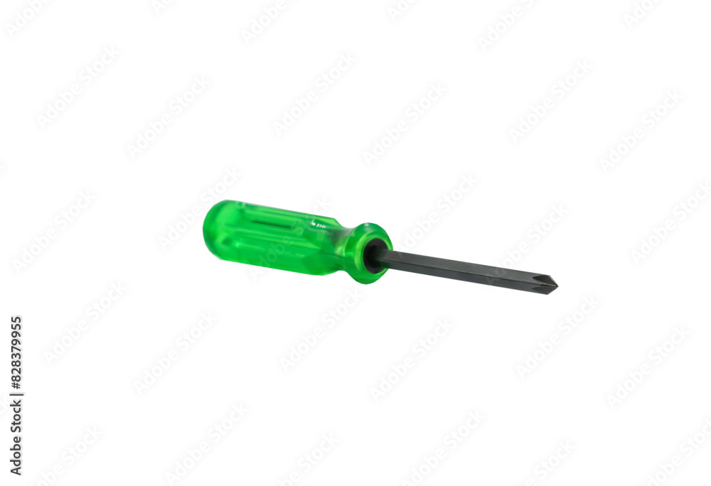 Screwdriver with a strong green plastic handle, isolated on the white background, with black tiny crosshead, a device used for screwing things or repair work Screwdriver with a strong green plastic handle, isolated on the white background, with black tiny crosshead, a device used for screwing things or repair work