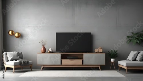 Living room interior with TV console, sofa and decoration, gray concrete wall