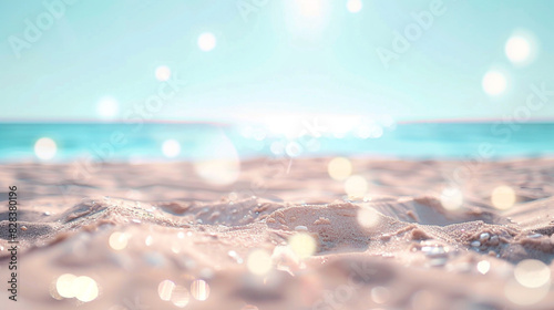 Tranquil summer beach with soft sands and subtle bokeh lights.