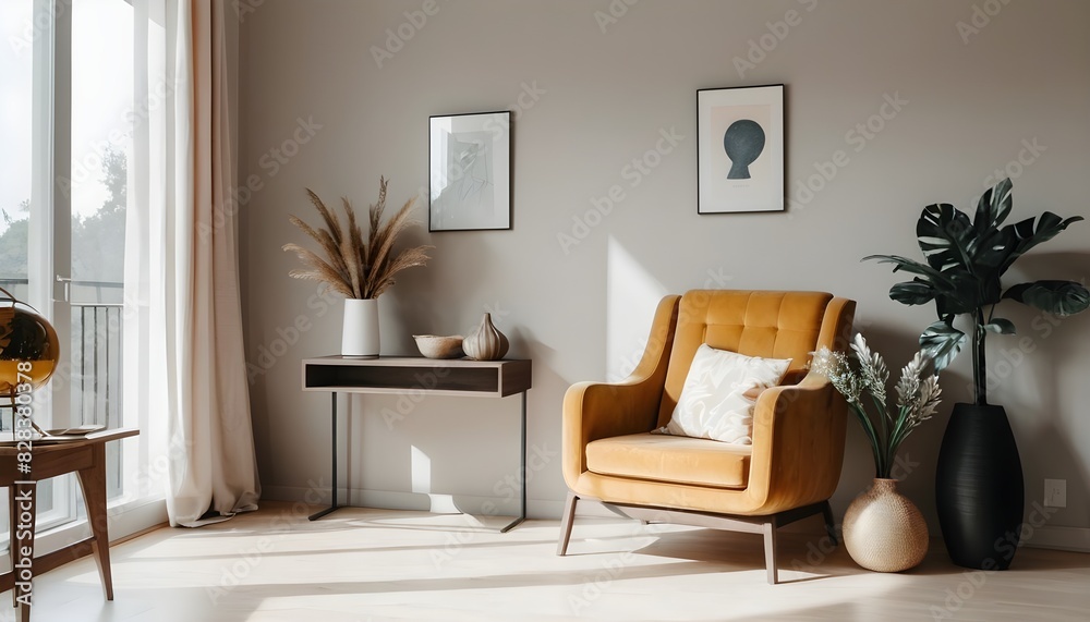 Modern room interior with big armchair and console table with decor near wall with sunlight Modern room interior with big armchair and console table with decor near wall with sunlight