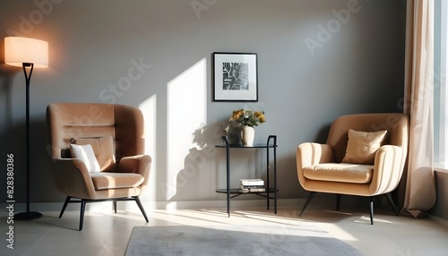 Modern room interior with big armchair and console table with decor near wall with sunlight