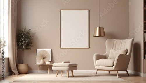 Big poster picture blank frame in modern home interior, beige tones