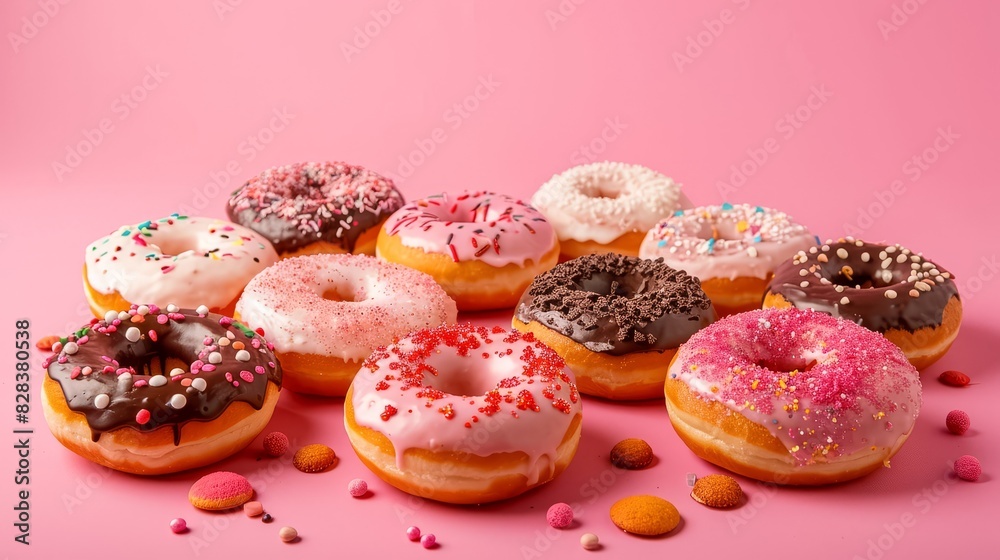 Tasty colorful donuts and sweet cookies blowing in the air on pink background.