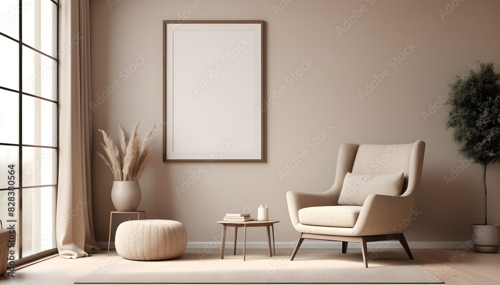Big poster picture blank frame in modern home interior, beige tones Big poster picture blank frame in modern home interior, beige tones