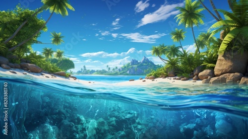 Beautiful tropical ocean with blue sky and palm trees in summer