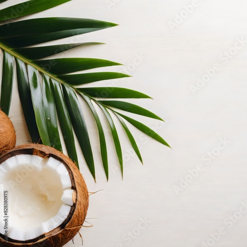 Coconut with palm leaves on white background with copy space, Summer background, summer poster