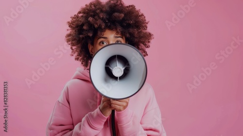 Funny young woman afro hairstyle in hoodie talking with megaphone, proclaiming news, loudly announcing advertisement, warning using loudspeaker to shou photo