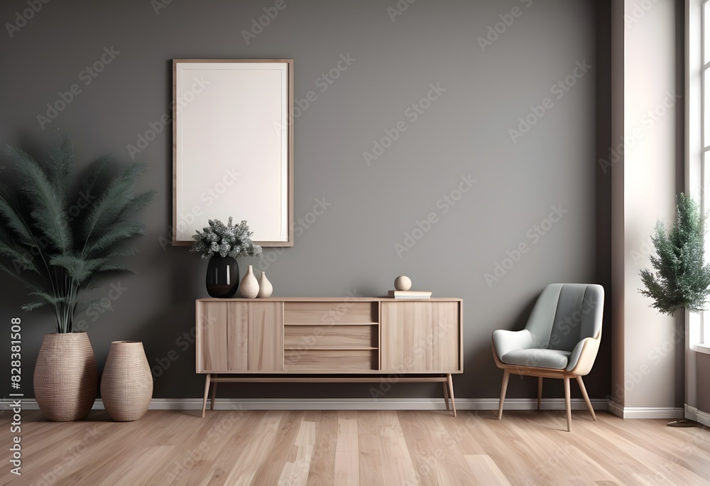 Modern room interior, console table with decor near wall with armchair and wooden floor, 3d visualization Modern room interior, console table with decor near wall with armchair and wooden floor, 3d visualization