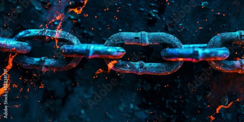 3D Rendering of metal chains in glowing blue and orange color on dark background. Grunge old broken chains, splats and stains. Concept for block chain technology, node connections. High quality photo