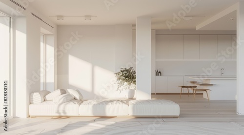 Minimalist living room in white color with a white futon  minimalist decor  and an open floor plan that emphasizes space