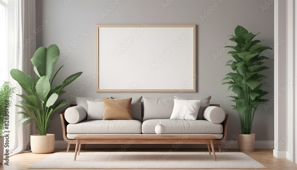 Poster horizontal frame mock up in home living room interior with sofa and plant, 3d render Poster horizontal frame mock up in home living room interior with sofa and plant, 3d render