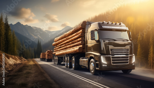 A truck transports felled trees in the mountains photo