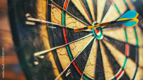 Round dart board with a dart close up. A sports game in which the goal is to throw darts at a target. Get the goal concept, be winner, hobby.
 photo