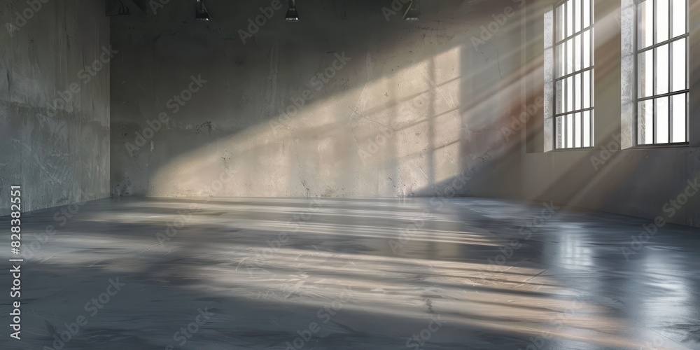 landing page background, light concrete floor, no windows, clinical empty room, sunrays coming in from the right side, natural lighting