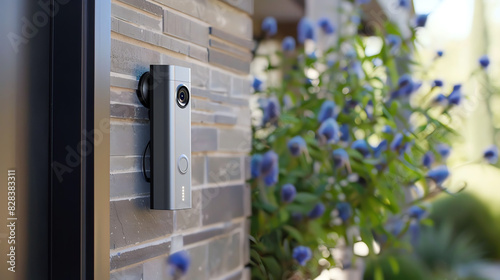 A gray video doorbell is mounted on a brown wooden door frame.

