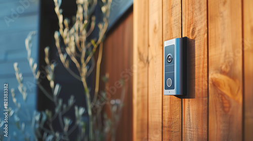 A gray video doorbell is mounted on a brown wooden door frame.

