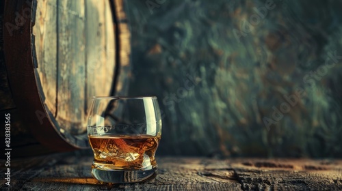 Glass of whisky cognac or bourbon in ornamental glass next to a vinatge wooden barrel on a rustic wood and dark background.  photo