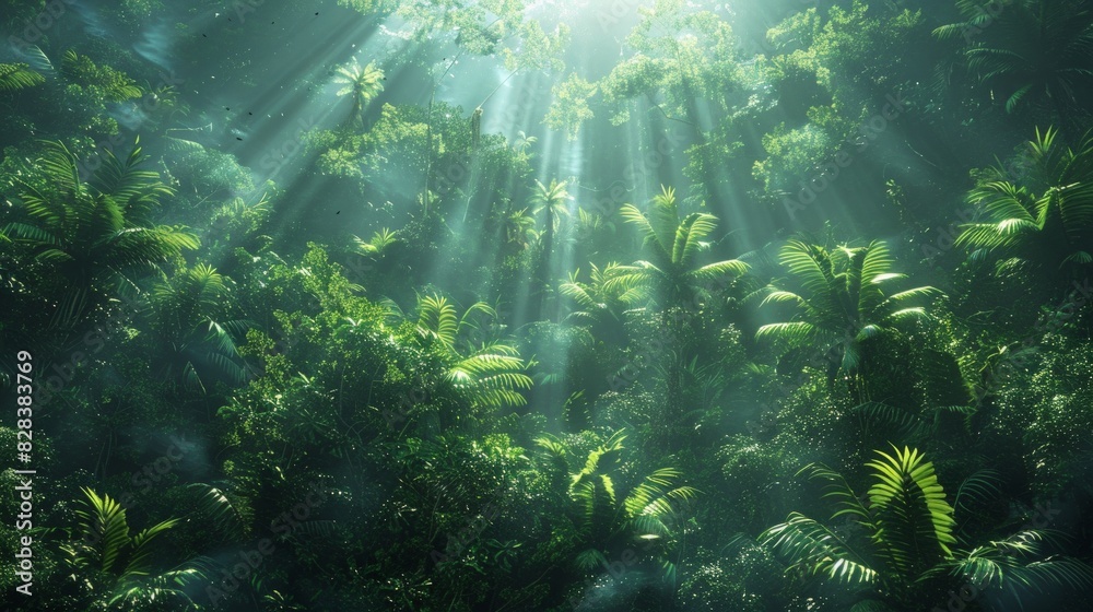 Obraz premium Rainforest Canopy: Capture the dense, green canopy of a rainforest with rays of sunlight piercing through, and diverse wildlife inhabiting the treetops. Emphasize the complexity and richness of this n