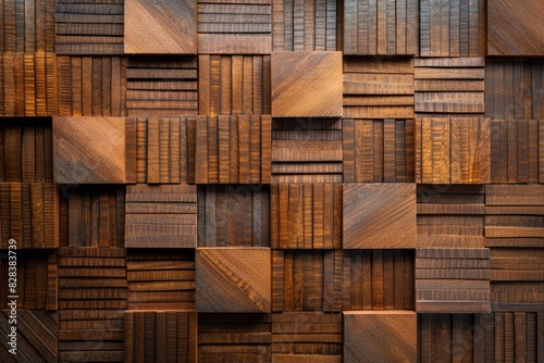 Brown wooden acoustic panels wall texture on wood background for interior design and home decor