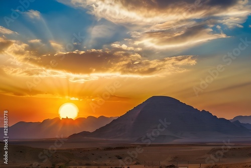 Epic sunset landscape sky with big bright sun going behind the mountains in Egypt Generative AI  photo