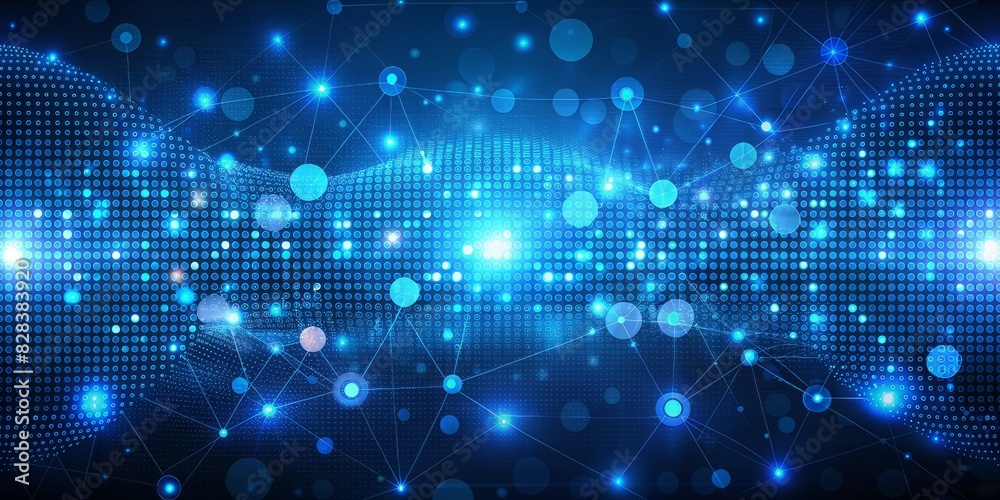 Abstract digital background with blue dots on dark blue, creating an atmosphere of artificial intelligence and data technology in the style of a futuristic banner. The gradient background adds depth. Abstract digital background with blue dots on dark blue, creating an atmosphere of artificial intelligence and data technology in the style of a futuristic banner. The gradient background adds depth.