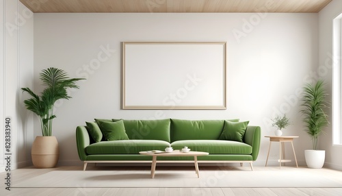 Big white frame in simple stylish interior, wooden wall and green sofa, 3d rendering