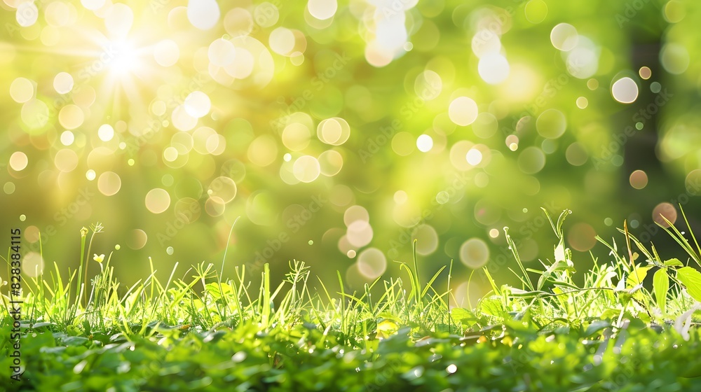 Obraz premium A fresh spring sunny garden background of green grass and blurred foliage bokeh