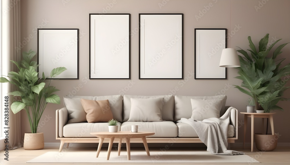 3D Mockup photo frame in Modern interior of living room 3D Mockup photo frame in Modern interior of living room