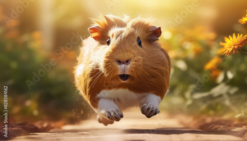 Guinea pig running on meadow on summer day happy photo