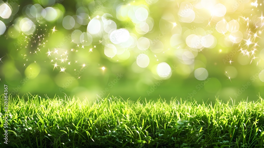 A fresh spring sunny garden background of green grass and blurred foliage bokeh A fresh spring sunny garden background of green grass and blurred foliage bokeh