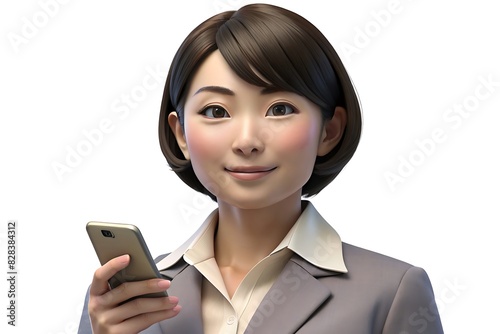 3d Japanese Businesswoman holding a phone , Isolated o white background, 3d Japanese Woman, Professional Communication Concept"
