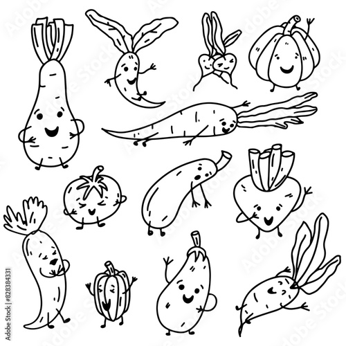 Funny vegetables set. Hand drawn doodle style. Vector illustration isolated on white. Coloring page.