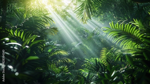 Rainforest Canopy: Capture the dense, green canopy of a rainforest with rays of sunlight piercing through, and diverse wildlife inhabiting the treetops. Emphasize the complexity and richness of this n