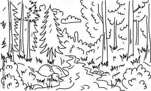 River in the forest. Landscape in Hand drawn doodle style. Vector illustration isolated on white. Coloring page.