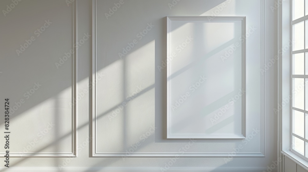 white vertical rectangle frame mockup on empty wall with window shadow, top view. Mock up template for poster or picture display in interior design.