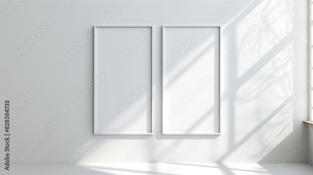 white vertical rectangle frame mockup on empty wall with window shadow, top view. Mock up template for poster or picture display in interior design. white vertical rectangle frame mockup on empty wall with window shadow, top view. Mock up template for poster or picture display in interior design.