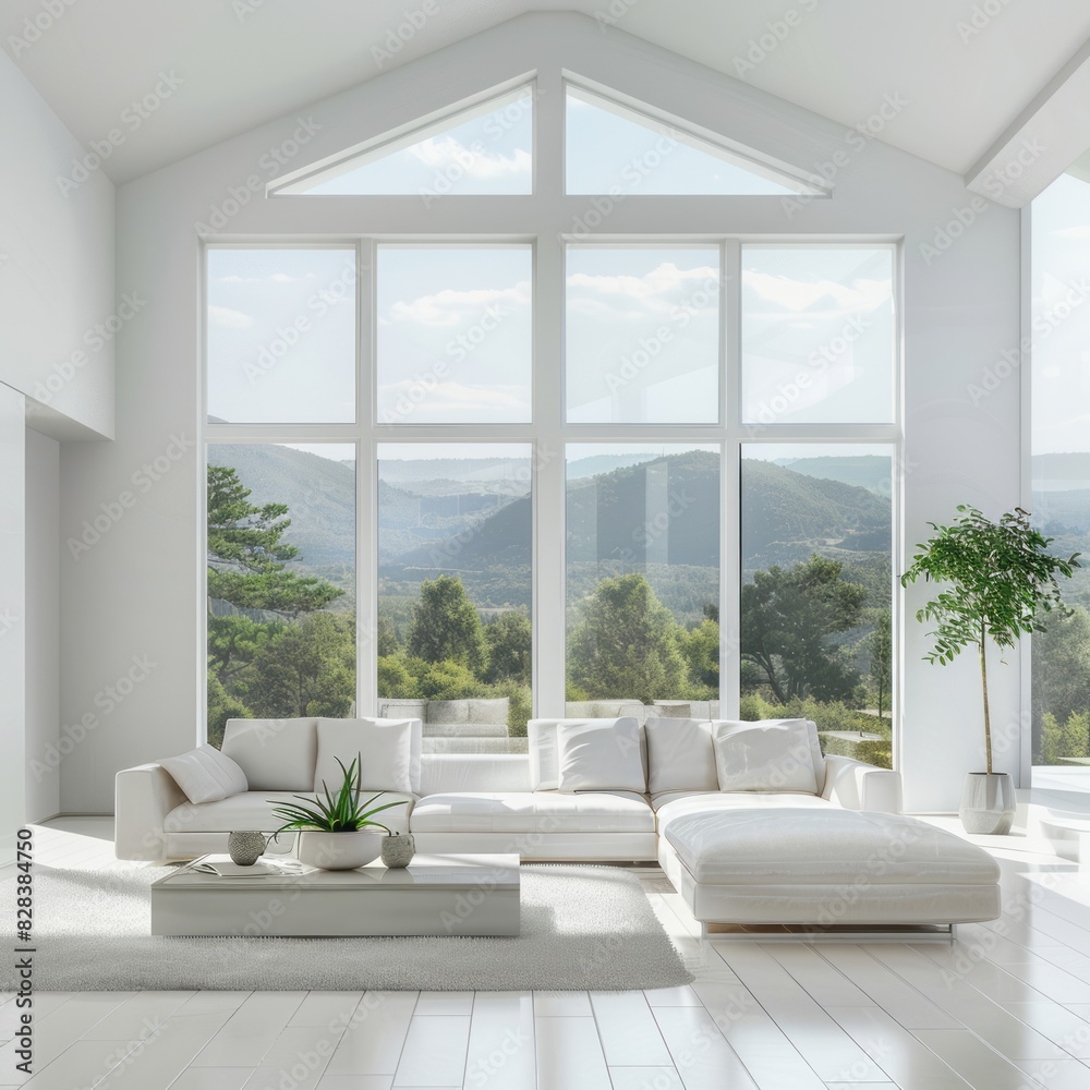 Fototapeta premium Minimalist living room in white color with a white leather sofa, expansive windows framing a vibrant summer scenery, and clean lines