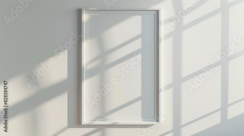 white vertical rectangle frame mockup on empty wall with window shadow  top view. Mock up template for poster or picture display in interior design.