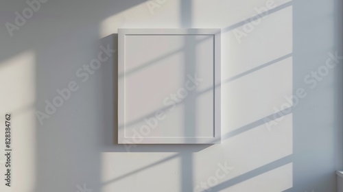 white vertical rectangle frame mockup on empty wall with window shadow  top view. Mock up template for poster or picture display in interior design.